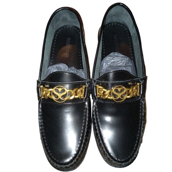 NWOB  Sandro Paris Gold Logo Black Leather Flat Loafers Size 40 - Picture 1 of 4